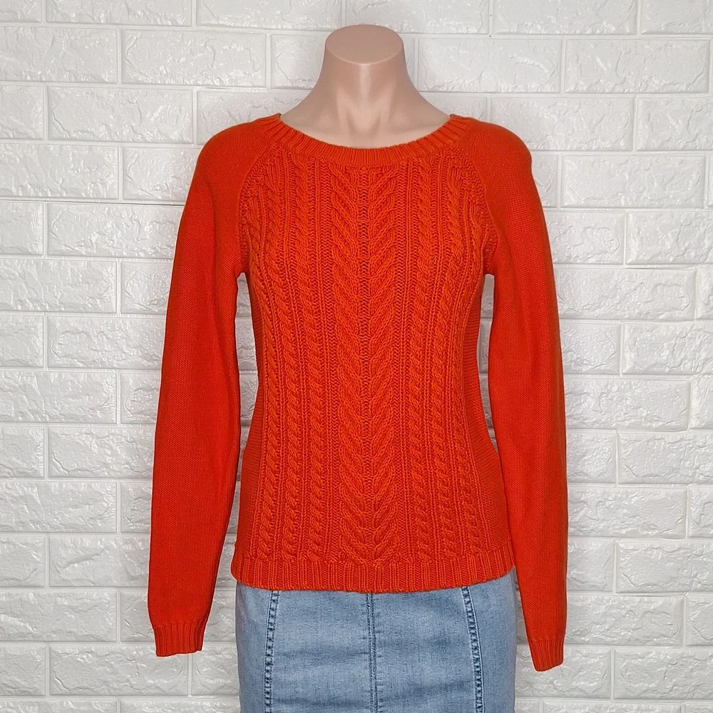 J. CREW 100% Cotton Orange Cable Knit Crew Neck Sweater